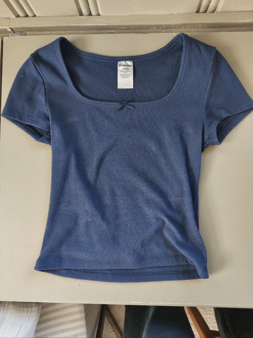 No Boundaries Navy Scoop Neck Ribbed Tee with Bow